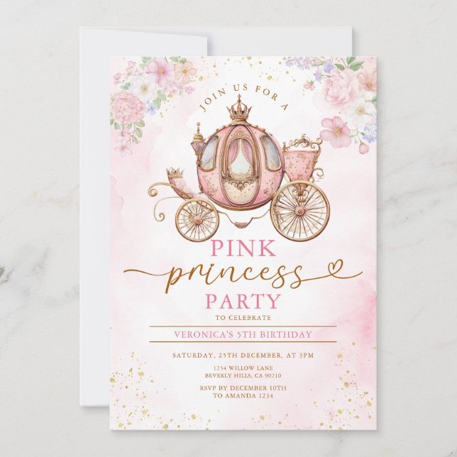 Eleganta Rosa Prinsessa Födelsedagsvagn Blommor Inbjudningar (Framsida)