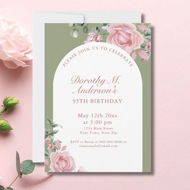Eleganta rosa rosor 95-års födelsedagsfest  inbjudningar (Skapare uppladdad)