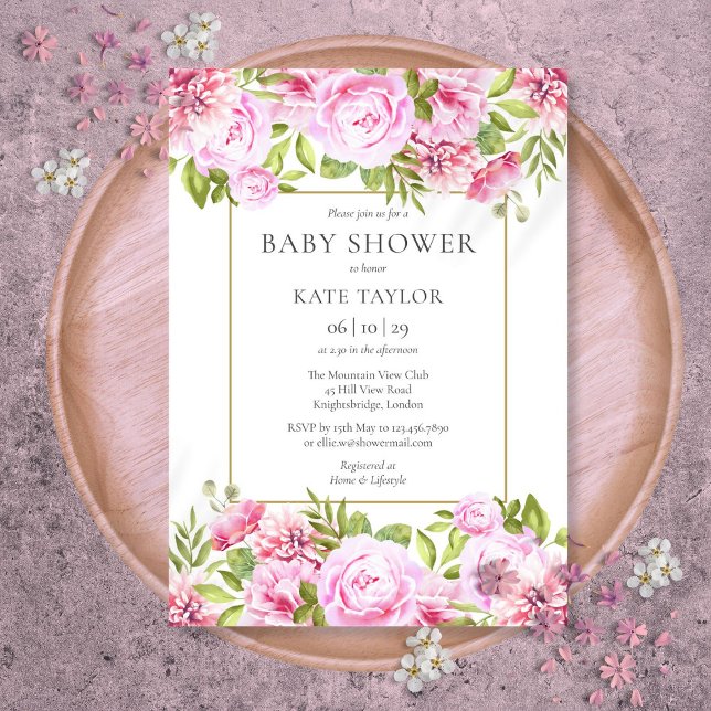 Eleganta Rosa Rosor Blommig Bebis Shower Inbjudningar (Elegant Pink Roses Floral Baby Shower Invitation)