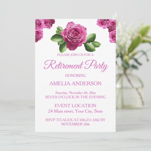Eleganta rosa rosor Blommig pensionsfest  Inbjudningar (Stående Fram)