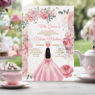 Eleganta rosa rosor Blommig prinsessa Quiñceanera Inbjudningar