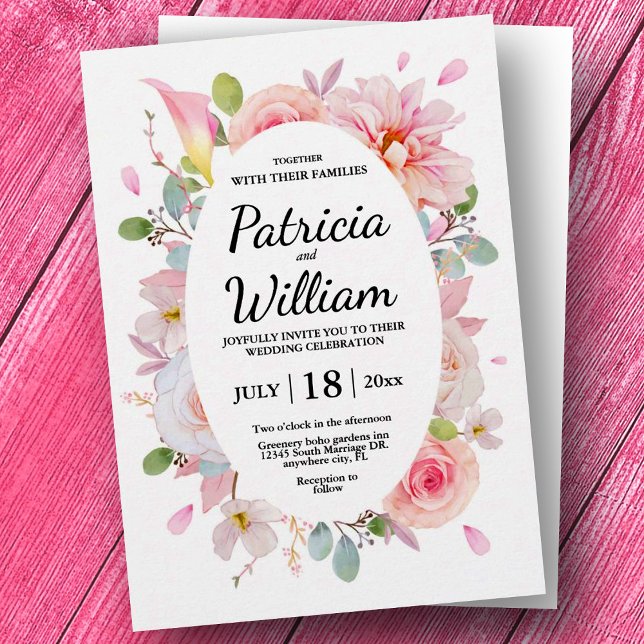 Eleganta Rosa Rosor Bröllop Inbjudningar (Elegant Floral Pink Roses Wedding Invitation, Save the Date Invitation, Custom Wedding)