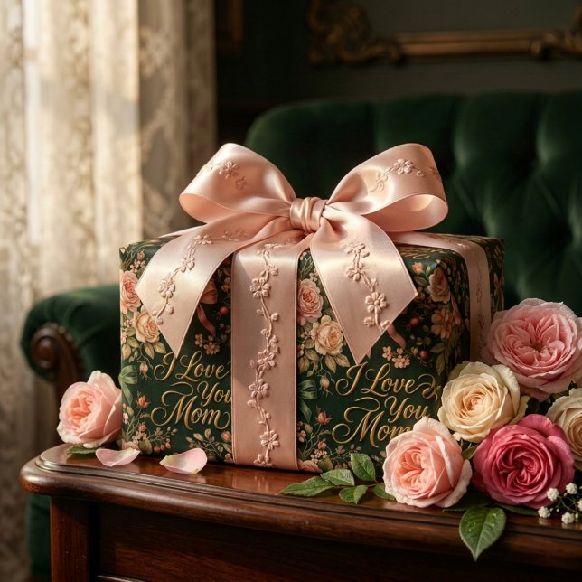 Eleganta Rosa Rosor & Guld Jag Älskar Dig Mamma Presentpapper (Skapare uppladdad)