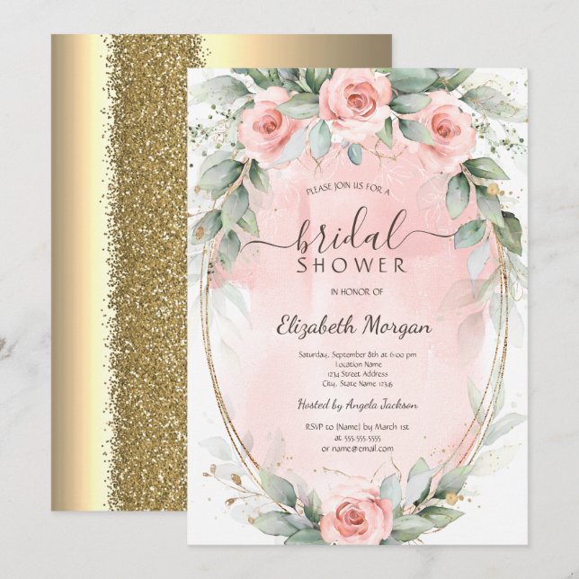 Eleganta Rosa Rosor Guld Ram Glitter Bröllopsfest Inbjudningar (Fram/baksida)