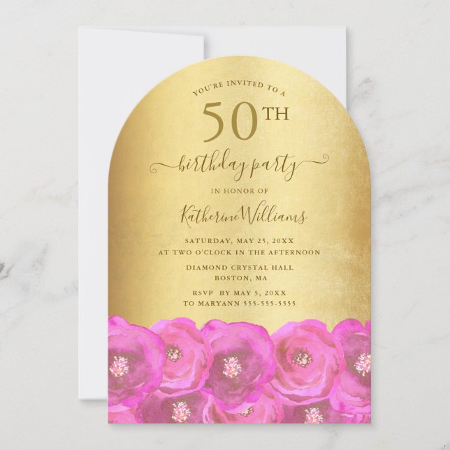 Eleganta Rosa Rosor & Guld Skrift 50-årsdag Inbjudningar (Framsida)