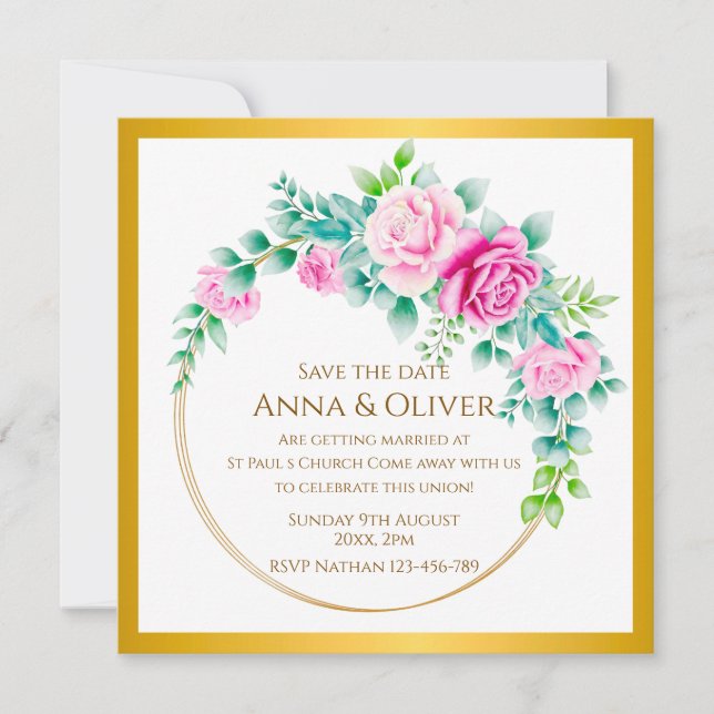 Eleganta Rosa Rosor Guldkrans Save the Date Inbjudningar (Framsida)