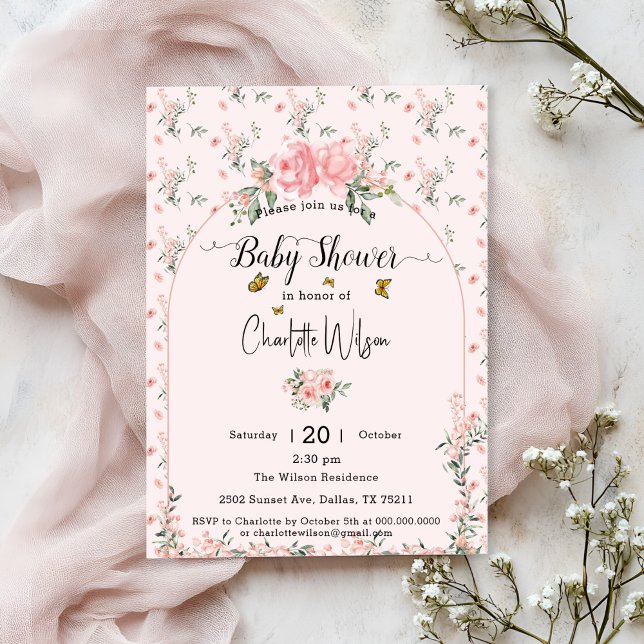Eleganta rosa rosor med fjärilar baby shower inbjudningar (Skapare uppladdad)
