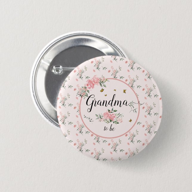 Eleganta rosa rosor med fjärilar blivande mormor knapp (Framsida & baksida)