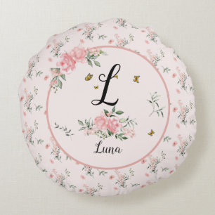Eleganta rosa rosor med fjärilar rund kudde