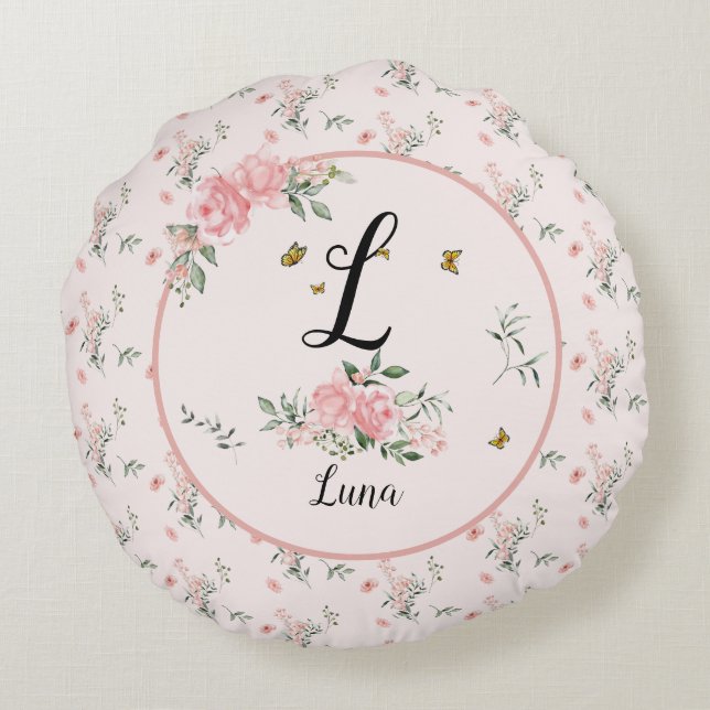 Eleganta rosa rosor med fjärilar rund kudde (Baksidan)