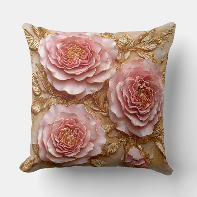 Eleganta rosa rosor med gyllene blad kudde (Framsida)