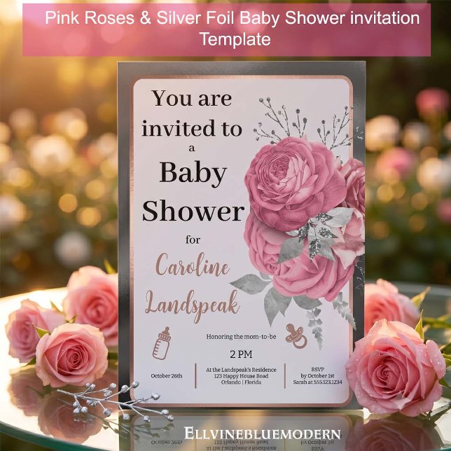 Eleganta rosa rosor & silverfolie Baby Shower  Inbjudningar (Elegant Pink Roses & Silver Foil Baby Shower Invitation Template, 5” x 7” Card for Mom-to-Be)