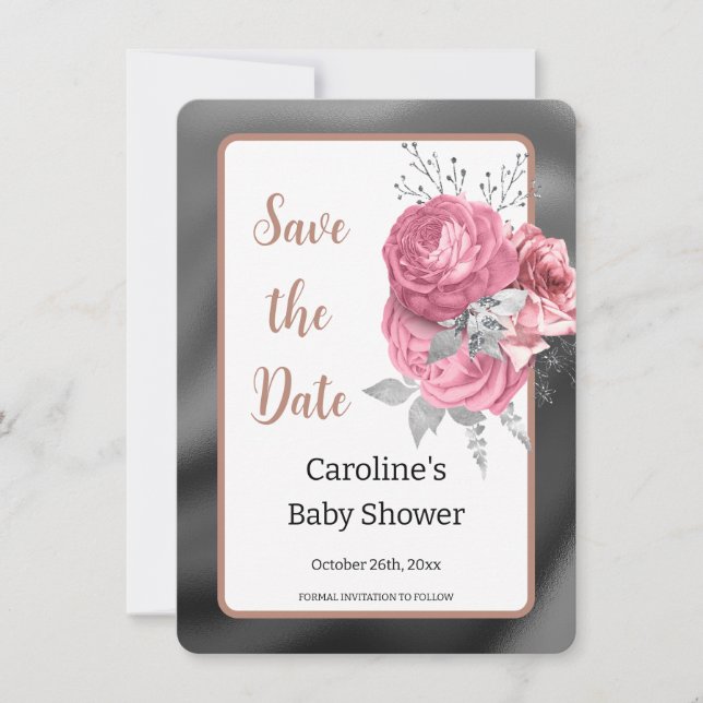 Eleganta rosa rosor Silverfolie Baby Shower Spara Datumet (Framsida)