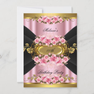 Eleganta Rosa Rosor Svart Guld Födelsedagsfest Inbjudningar