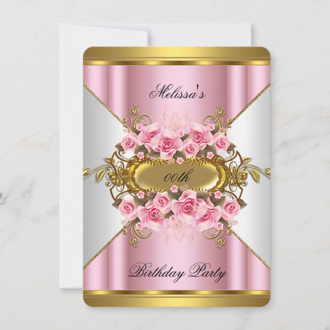 Eleganta Rosa Rosor Vit Guld Födelsedagsfest Inbjudningar (Framsida)