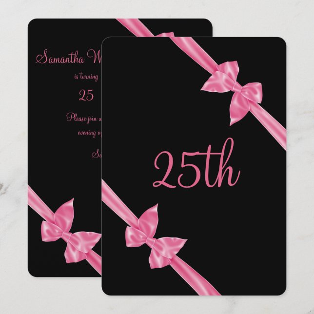 Eleganta rosa satinbågar 25-årsdag inbjudningar (Fram/baksida)