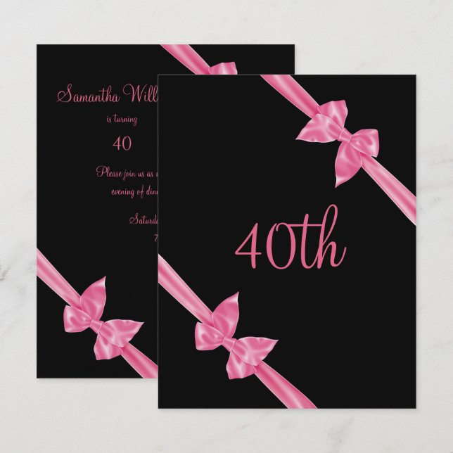Eleganta rosa satinbågar 40-årsfirande inbjudningar (Fram/baksida)