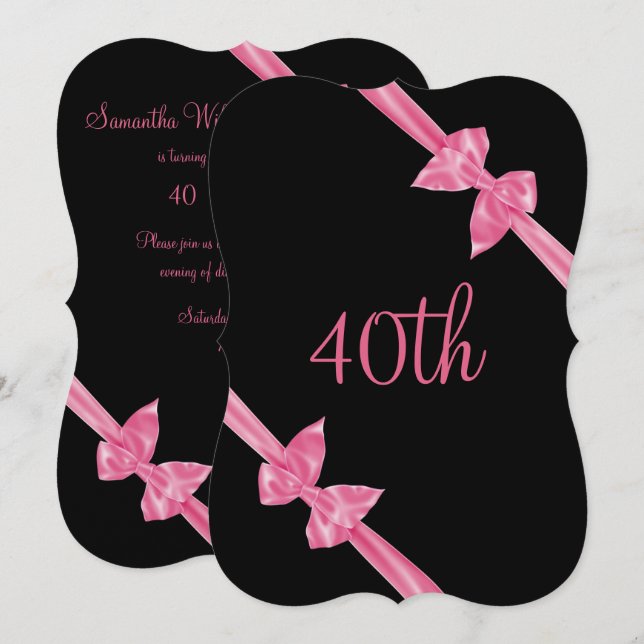 Eleganta rosa satinbågar 40-årsfirande inbjudningar (Fram/baksida)