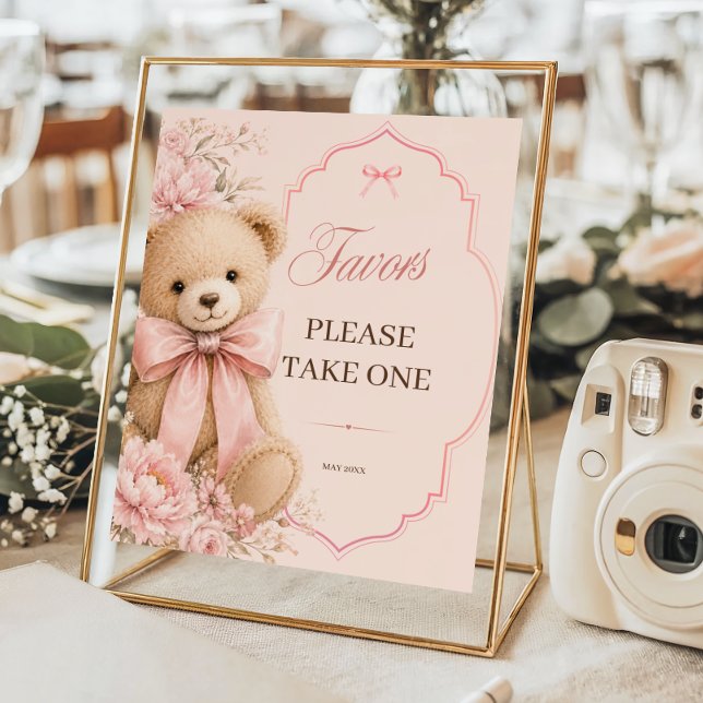 Eleganta Rosa Teddybjörn Baby Shower Fördelar Poster (Skapare uppladdad)