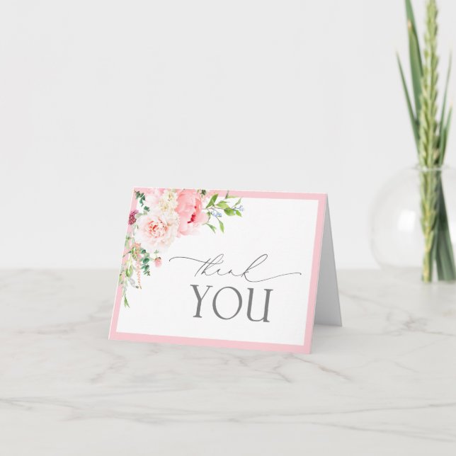Eleganta rosa trädgårdsblommor bröllopsdusch tack kort (Framsida)