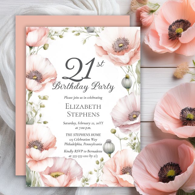 Eleganta rosa vallmosor Blommig 21-årsfest Inbjudningar (Boho Elegant Pale Pink Poppies Floral 21st Birthday Party Invitation - Print | Digital Download)