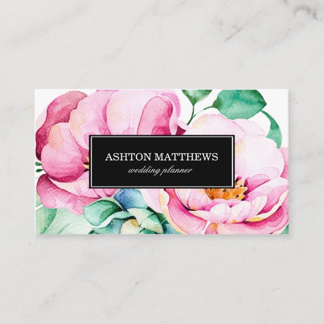 Eleganta rosa vattenfärgblommor visitkort (Framsida)