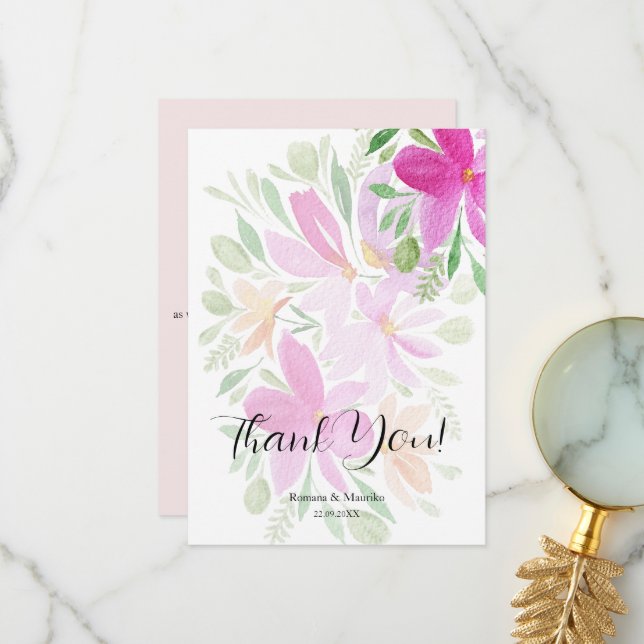 Eleganta rosa vilda blommor akvarell konst tack kort (Fram/Back In Situ)