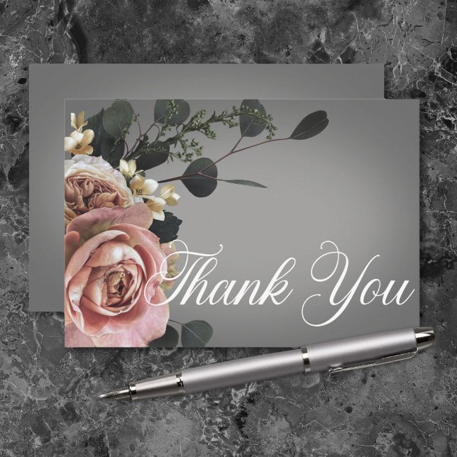 Eleganta rosa vita blommande rosor grå bröllop tack kort (Elegant Pink White Floral Roses Gray Wedding Thank You Card)
