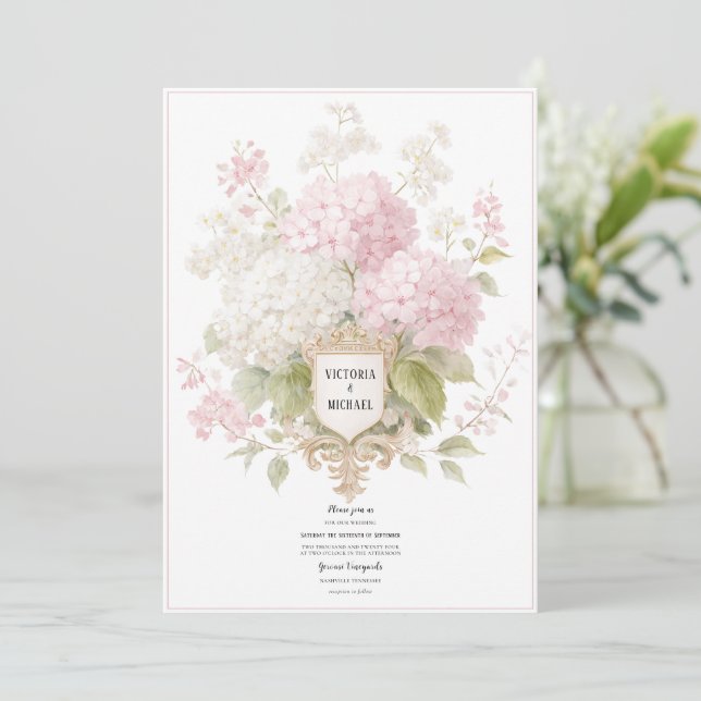 Eleganta rosa & vita hortensior guldbröllop inbjudningar (Stående Fram)