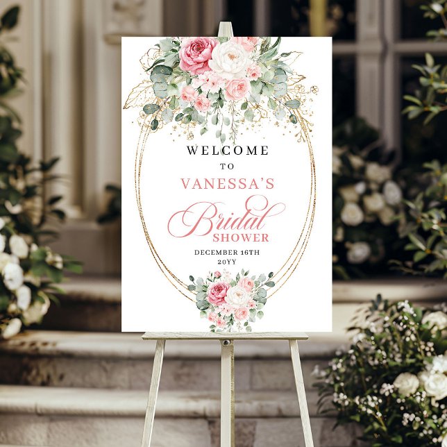 Eleganta rosabröllopsdusch välkommen poster (Elegant Blush Roses Bridal Shower Welcome)