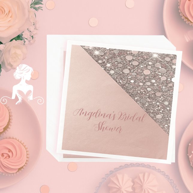 Eleganta roséguld bröllopsdusch servetter (Elegant rose gold bridal shower napkin with foil, glitter accents, and custom name and event text.)