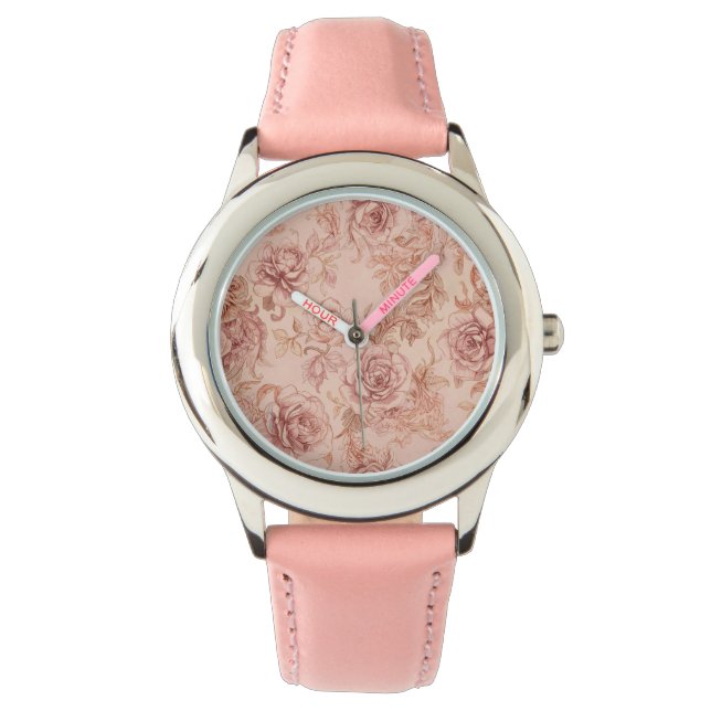 Eleganta rosor blommönster, roseguld armbandsur (Framsida)