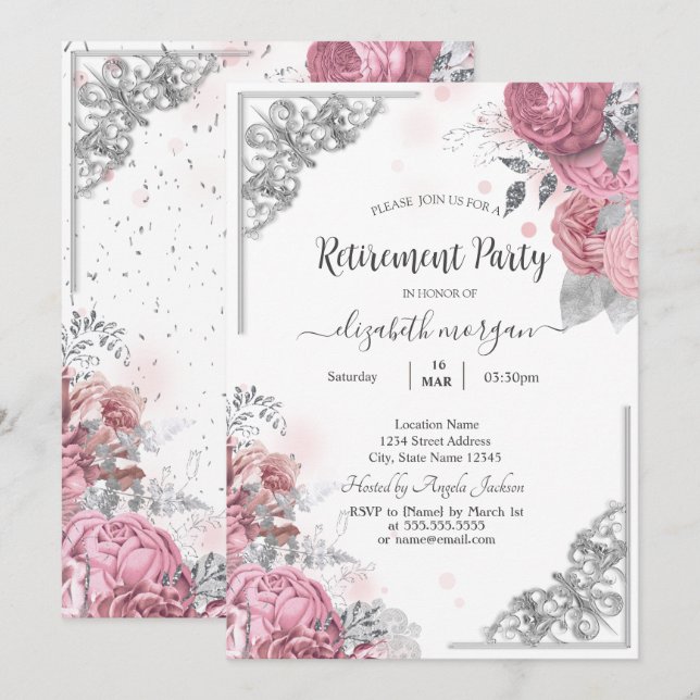 Eleganta rosor blommor silver ram Pension    Inbjudningar (Fram/baksida)