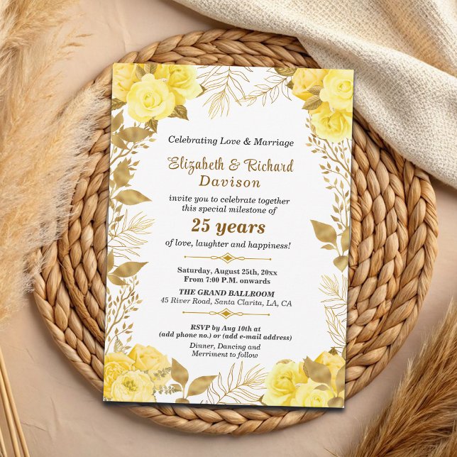 Eleganta rosor Guld Blommig 25-års bröllopsjubileu Inbjudningar (Skapare uppladdad)