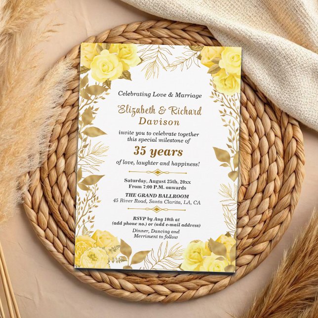Eleganta rosor Guld Blommig 35-års bröllopsjubileu Inbjudningar (Skapare uppladdad)
