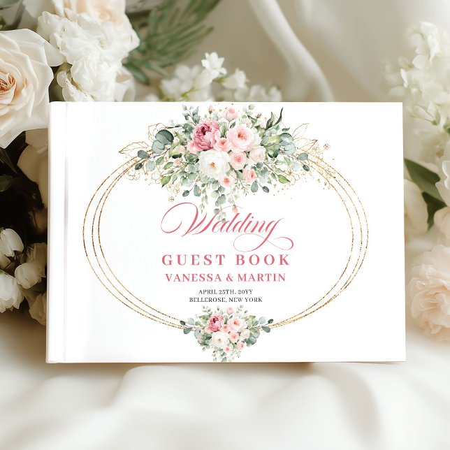 Eleganta rosor i roséguld bröllopsgästbok gästböcker (Blush pink flowers wedding guestbook,
Watercolor Soft pastel floral roses, 
bohemian boho romantic l)