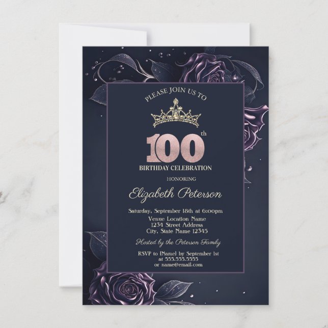 Eleganta Rosor Mörk Gothic 100-årsdag Inbjudningar (Framsida)