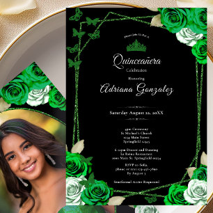Eleganta rosor och krona Grön Quinceanera Inbjudningar