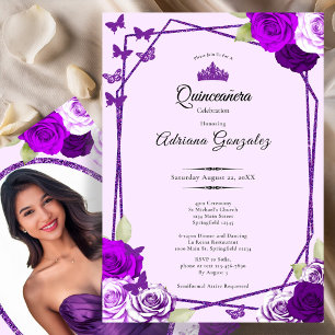 Eleganta rosor och krona lila Quinceanera Inbjudningar