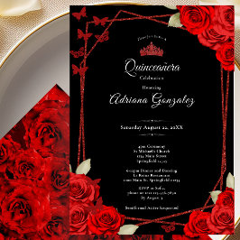 Eleganta rosor och krona Röd Quinceanera  Inbjudningar