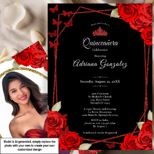 Eleganta rosor och krona Röd Quinceanera Inbjudningar