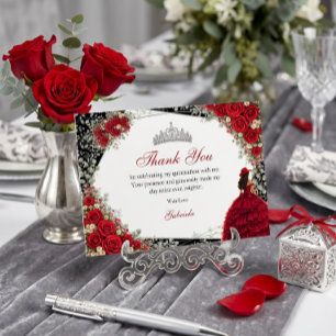 Eleganta rosor röda och silver tiara Quinceañera Tack Kort
