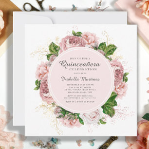Eleganta rosor Röda rosa blommor Vita Quinceañera Inbjudningar