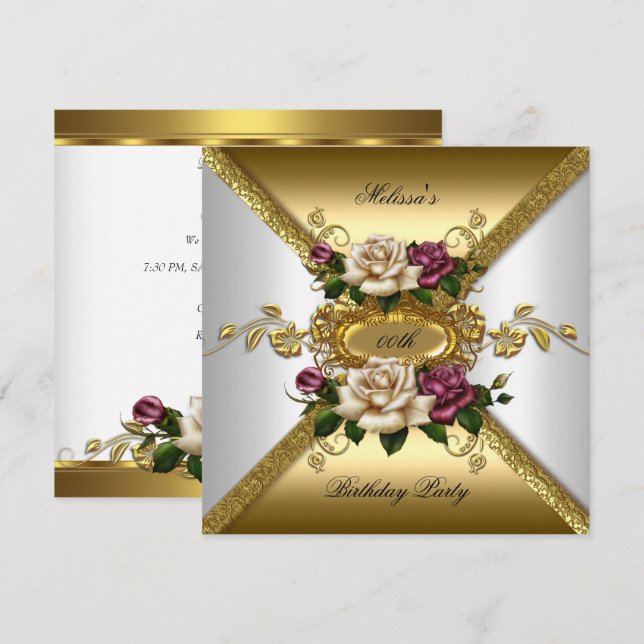 Eleganta Rosor Rosa Vita Guld Födelsedagsfest 2 Inbjudningar (Fram/baksida)
