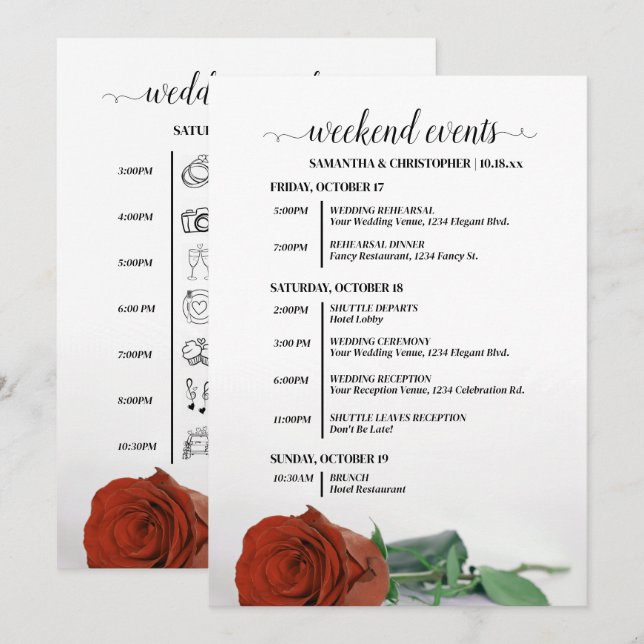 Eleganta Rostorange Rosbröllopsevenemang & Tidslin Program (Fram/baksida)