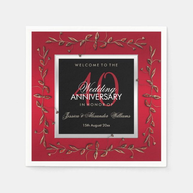 Eleganta rubinstenar 40-års bröllopsjubileum pappersservett (Framsidan)