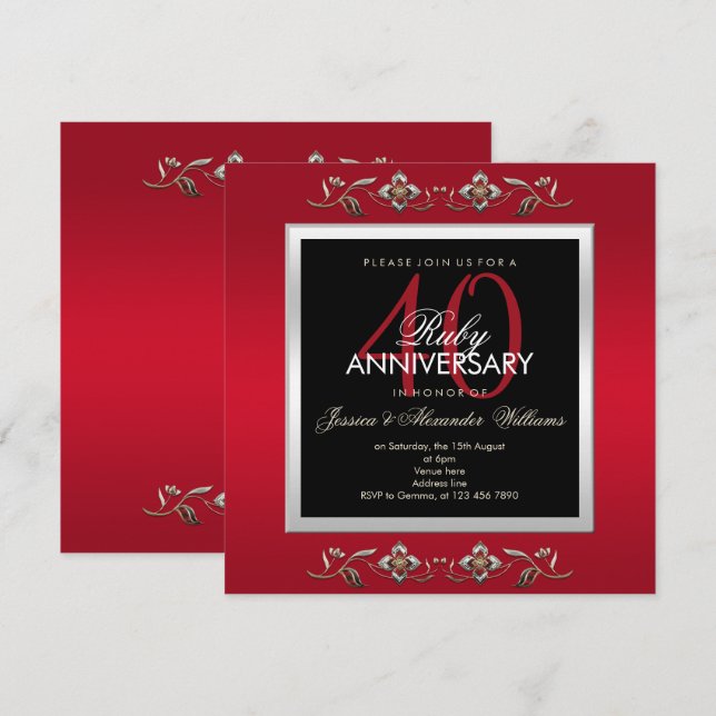 Eleganta Ruby Jewels 40-års bröllopsjubileum Inbjudningar (Fram/baksida)
