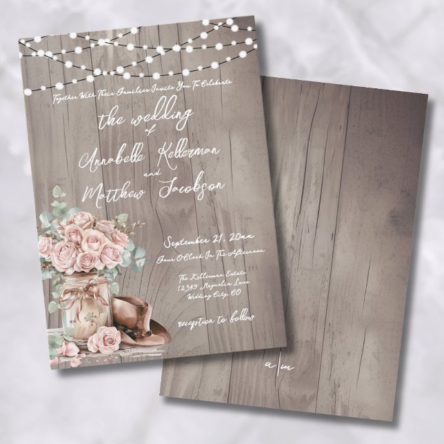 Eleganta Rustika Trärosor Landsbygdbröllop Inbjudningar (Elegant Rustic Wood Roses Country Wedding Invitation)