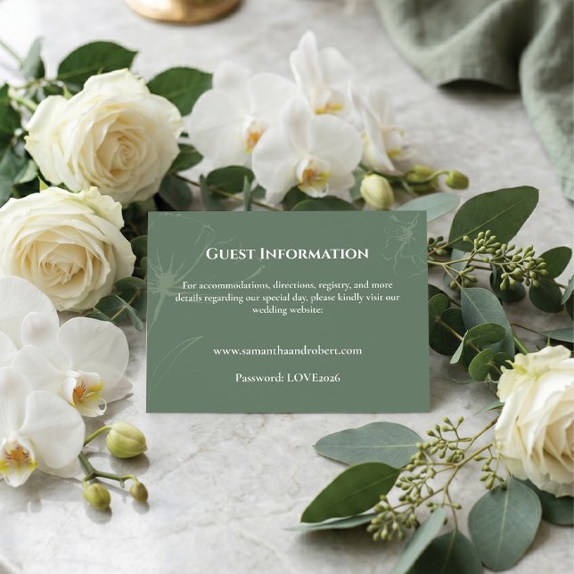 Eleganta salvia gröna blomstermönster konst vigsel tilläggskort (Sage green botanical wedding details enclosure card with fresh white roses and orchids.)