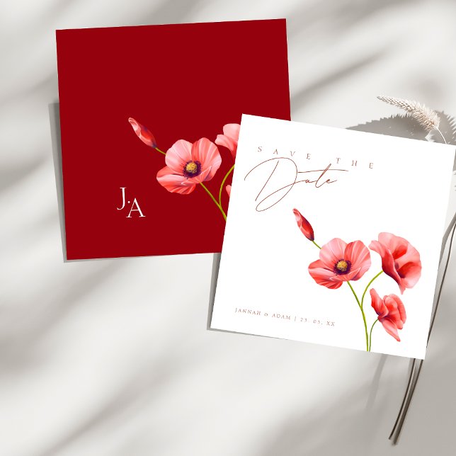 Eleganta scharlakansröda vallmoväxter Bröllop Save Spara Datumet (Crimson Red Poppies Floral Wedding Save The Date)